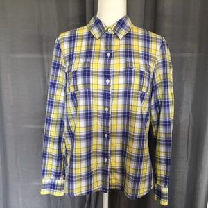 Tommy Hilfiger Size LARGE Plaid 100% Cotton Button Down Shirt Roll Tab Sleeves